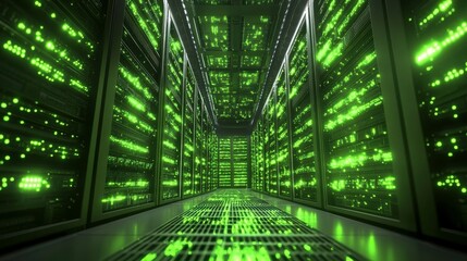 Eco-Friendly Data Center with Green Energy Icons