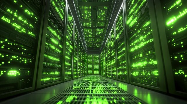 Eco-Friendly Data Center with Green Energy Icons