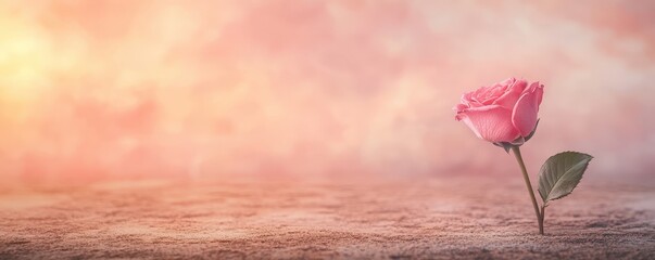 Fototapeta premium A single pink rose stands gracefully against a dreamy pastel backdrop.