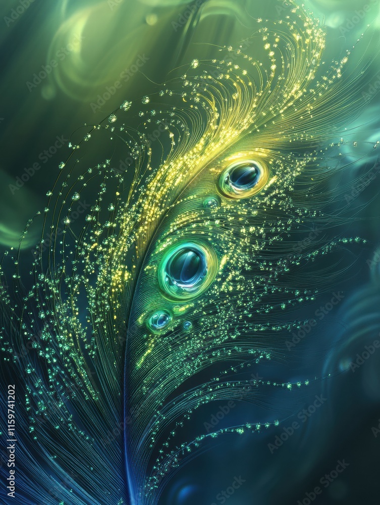Poster Close up of a vibrant peacock feather adorned with dew drops in a colorful background space for text. Generative AI