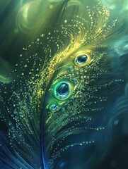 Close up of a vibrant peacock feather adorned with dew drops in a colorful background space for text. Generative AI