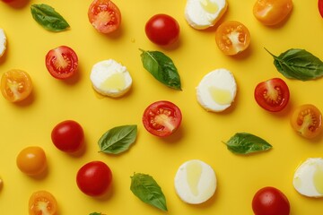Naklejka premium Peach and mozzarella salad with cherry tomatoes on yellow backdrop viewed from above