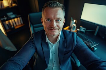 Picture of a self assured businessman filming a video selfie at his desk