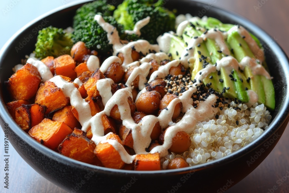 Poster Plant based Buddha bowl featuring brown rice or quinoa roasted sweet potatoes chickpeas steamed broccoli avocado and tahini drizzle