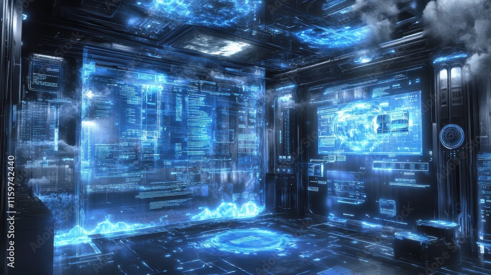 Poster futuristic software development interface in ambient light
