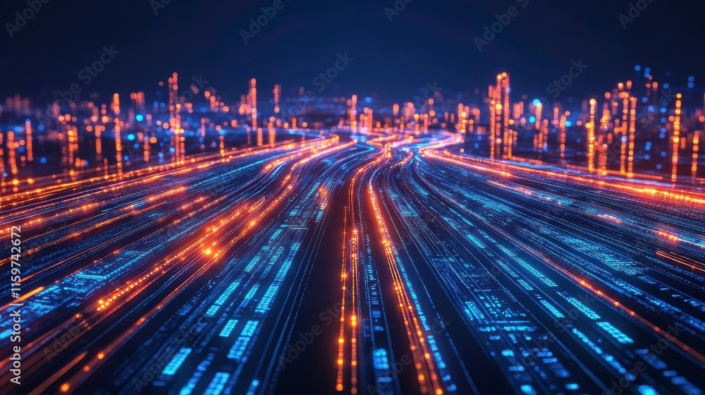 Poster glowing data streams in a digital network landscape