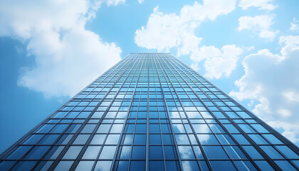 Fototapeta premium Modern glass skyscraper reaching towards a bright blue sky, showcasing architectural design and urban development.