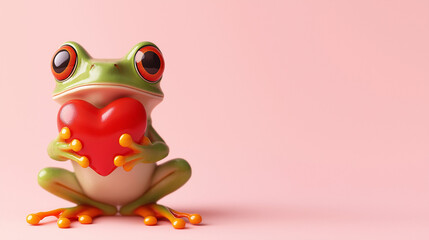 A cute frog  holding a red heart , set against a soft pink background flat surface. The design features ample blank space, making it perfect for a Valentine’s Day gift card