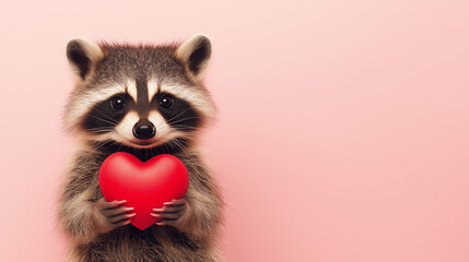 A cute raccoon  holding a red heart , set against a soft pink background flat surface. The design features ample blank space, making it perfect for a Valentine’s Day gift card