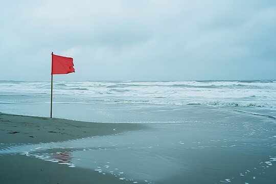 Red flag waves crash on stormy beach