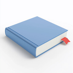 Closed light blue book with red bookmark on white background