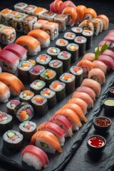 Assorted sushi assortment on dark slate, displaying vibrant salmon, tuna, and cucumber rolls. Ideal for food photography, restaurant menus, and culinary blogs, capturing deliciousness and elegance.