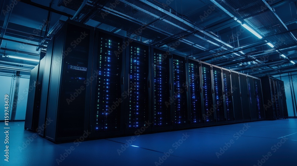 Poster high-tech server racks in low lighting environment
