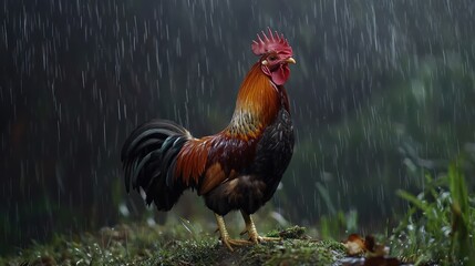 Rooster standing in rain.