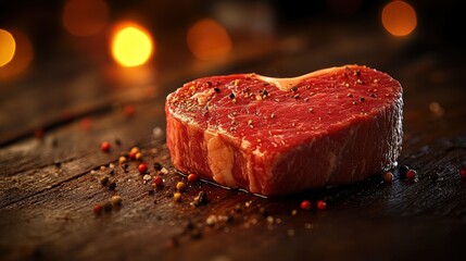 Heart-Shaped Raw Steak on Rustic Wooden Surface with Colorful Spices and Soft Golden Background Light for Romantic Dinner or Special Occasion