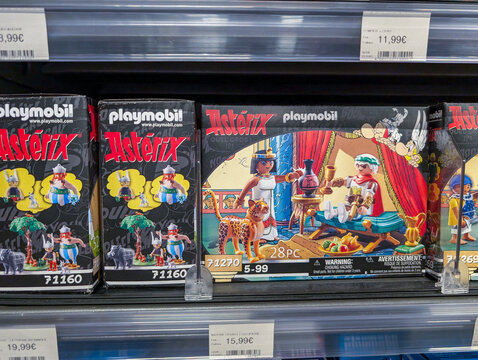 France, 19 August 2024: Playmobil Asterix toy sets displayed on a store shelf.