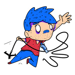A Hair Blue Boy is jumping between hills using a rope