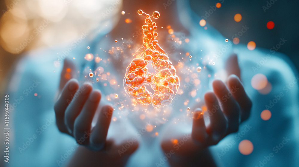 Aufkleber a person holding a floating thyroid model, with abstract streams of light representing the intricate