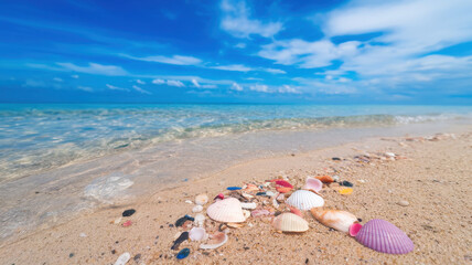 Colorful seashells scattered along a serene sandy beach with clear blue waters under a bright sky.