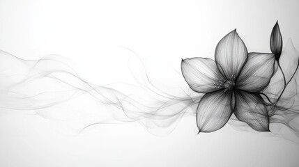 Elegant Black and White Illustration of a Delicate Flower with Flowing Lines and Soft Smoky Accents for a Minimalist Aesthetic in Modern Decor