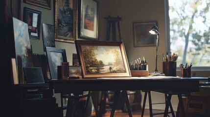 Artist's studio with paintings, easel, and art supplies.