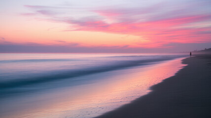 Fototapeta premium A serene sunset over a tranquil beach with soft pink and purple hues reflecting on the calm water, evoking a feeling of peace and solitude.