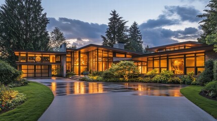 Luxury mansion exterior view showcasing modern architecture at dusk with glowing windows surrounded by lush greenery. Generative AI