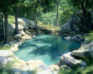 Naklejka premium Serene secluded forest pool, sunlit turquoise water surrounded by lush greenery and rocks. Ideal for relaxation, nature, tranquility themes.