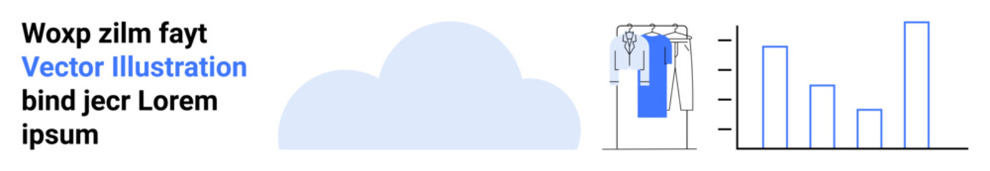 Blue suit hanging on a rack, bar graph with ascending values, and placeholder text next to a cloud shape. Ideal for business, fashion, data analysis, presentation, shopping, e-commerce cloud