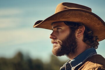 Side view of a cowboy in the sun Close up of a young man with a beard in a hat outside Cropped image of a serious horse breeder in the shade