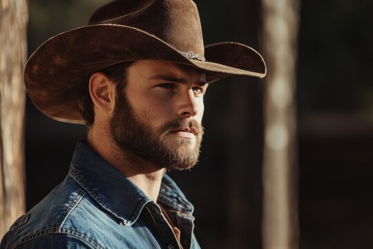Side view of a cowboy outside on a sunny day Close up of a young bearded man in a cowboy hat outside Cropped image of a serious horse breeder standing in the s