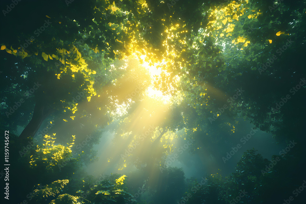 Poster sunbeams piercing through lush forest canopy, creating a magical, ethereal atmosphere. perfect for n