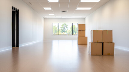 Modern Empty Office Space with Bright Lighting and Moving Boxes for Relocation or Startup Setup in New Building