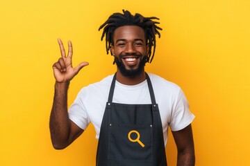 Smiling African American barista with dreadlocks in an apron makes an okay sign through his fingers against a yellow background