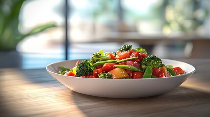 Delicious vegetable stir-fry in a white bowl on a wooden table.