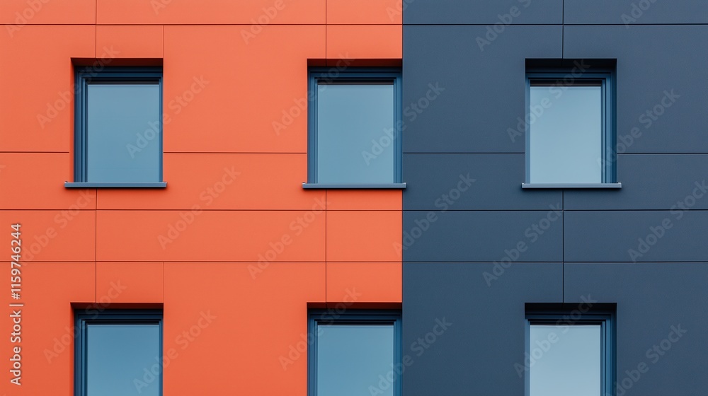 Aufkleber modern building facade with geometric pattern in orange and blue contrasting walls focus on rectangu