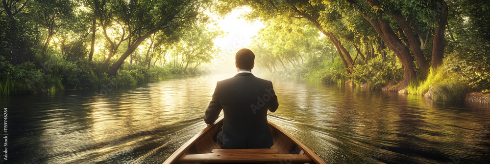 Aufkleber a professional in a suit drifting down a lazy river in a canoe, with trees arching overhead, symboli