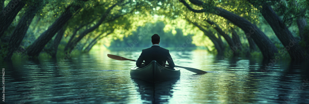 Aufkleber a professional in a suit drifting down a lazy river in a canoe, with trees arching overhead, symboli
