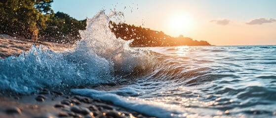 Ocean wave crashing on sandy beach at sunset.