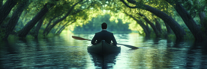 Obraz premium A professional in a suit drifting down a lazy river in a canoe, with trees arching overhead, symbolizing the calming flow of time and the need to relax from daily pressure. 