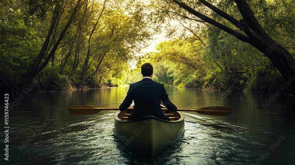 Aufkleber a professional in a suit drifting down a lazy river in a canoe, with trees arching overhead, symboli