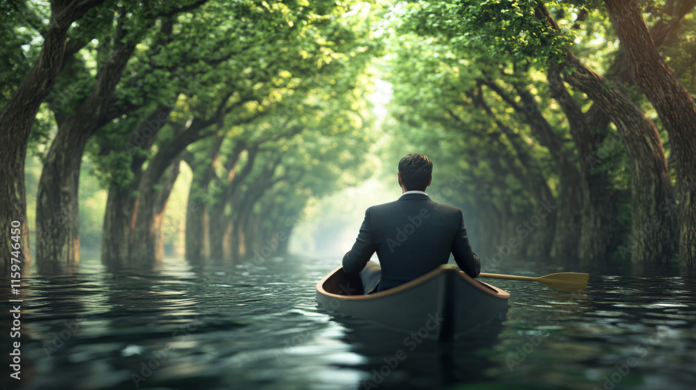 Aufkleber a professional in a suit drifting down a lazy river in a canoe, with trees arching overhead, symboli