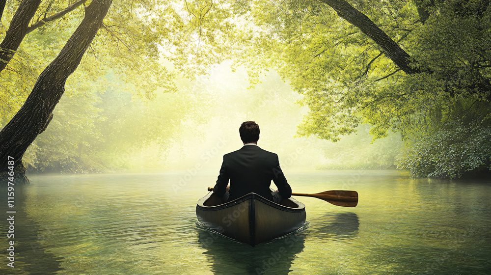 Aufkleber a professional in a suit drifting down a lazy river in a canoe, with trees arching overhead, symboli