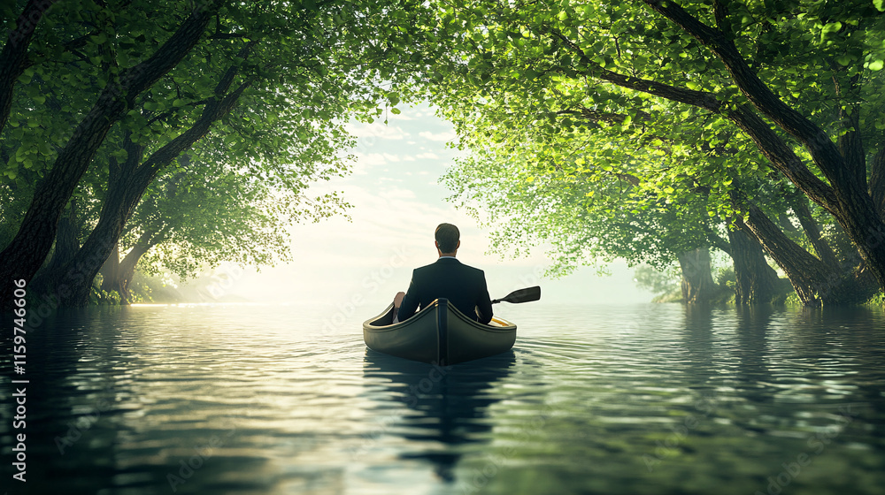 Aufkleber a professional in a suit drifting down a lazy river in a canoe, with trees arching overhead, symboli