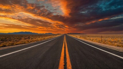 Fototapeta premium asphalt road trip,Wide asphalt stretch leading to a bright orange horizon