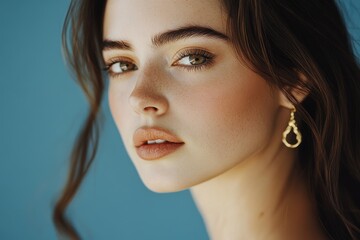 Fototapeta premium Stunning brunette with long sleek hair and evening makeup featuring tanned skin poses elegantly in a portrait against a blue backdrop adorned with gold earrings
