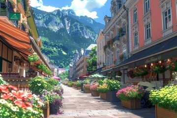 Obraz premium Colorful street lined with flower pots and shops in a picturesque mountain village on a sunny day