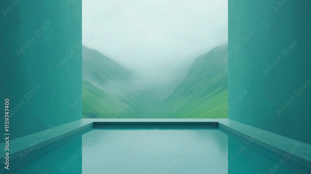 Poster serene green mountain view through hot spring chalet window with tranquil atmosphere and minimalisti