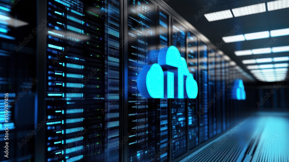 Poster modern computing infrastructure with 3d cloud overlays