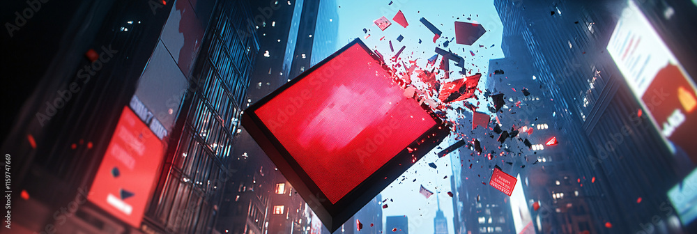 Poster a red arrow crashing into a digital billboard, causing it to shatter and display alerts about a stoc